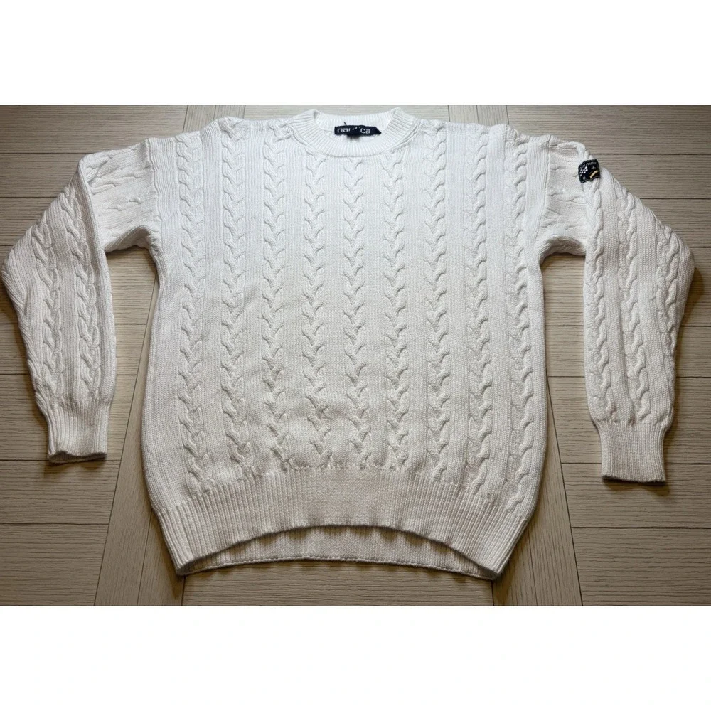 Nautica Mens White Ivory Tight-Knit Preppy Sweater Cable Knit 100% Cotton Sz L